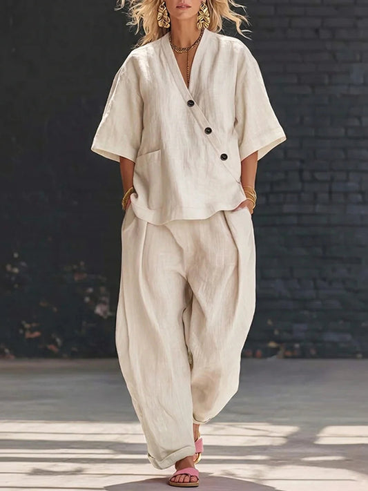 Cardydony Casual Solid Color V-neck Loose Short-sleeved Top And Trousers Two-piece Set