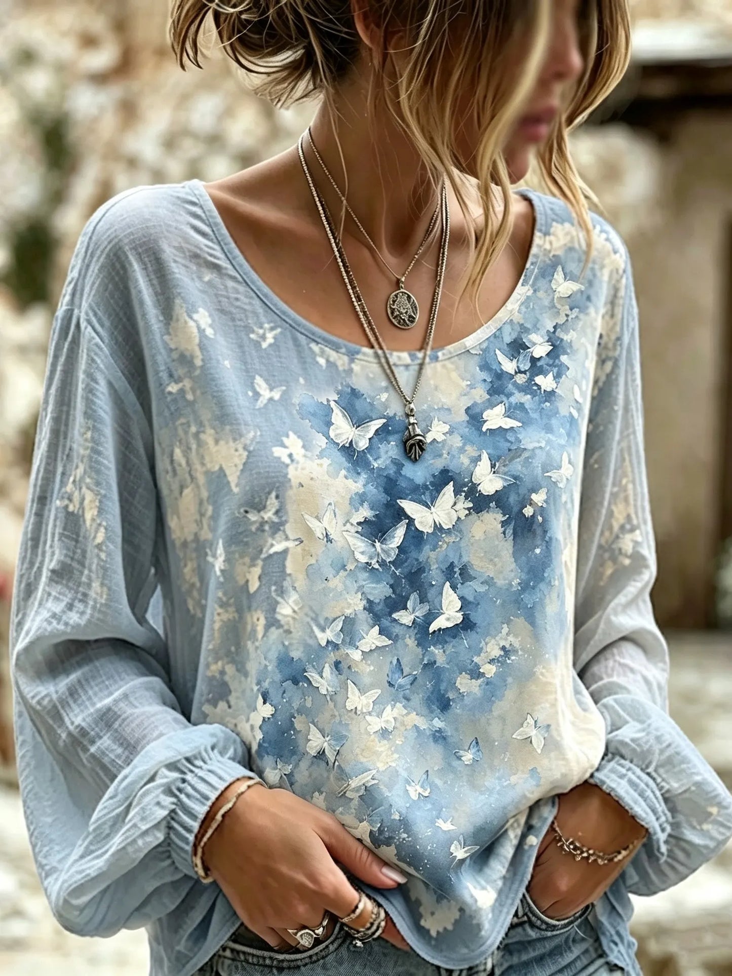 Cardydony Women's Retro Bohemian Butterfly Print Top