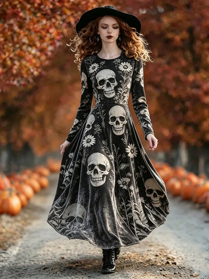 Cardydony Women's Gothic Velvet Vintage Skull Print Long-sleeved A-line Flowy Dress