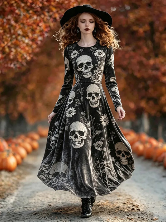 Cardydony Women's Gothic Velvet Vintage Skull Print Long-sleeved A-line Flowy Dress