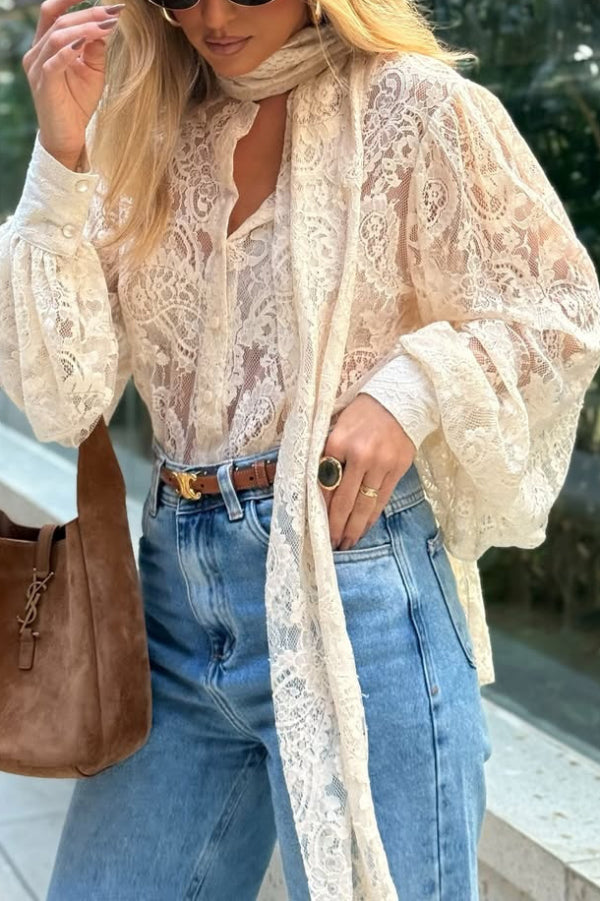 Cardydony Women's  Solid Color Sheer Lace Elegant Ribbon Long-sleeved Shirt