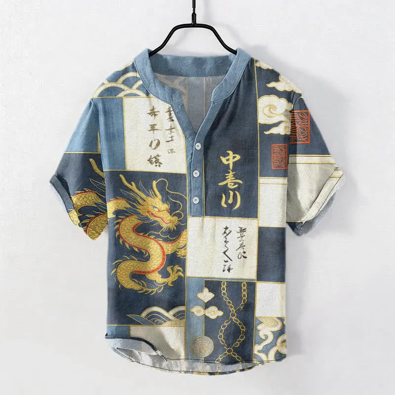 Cardydony Men's Japanese Art Dragon Letter Color Block Print Cotton Linen Top