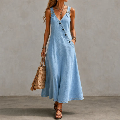Cardydony Elegant V-neck Diagonal Button Denim Overalls Maxi Dress
