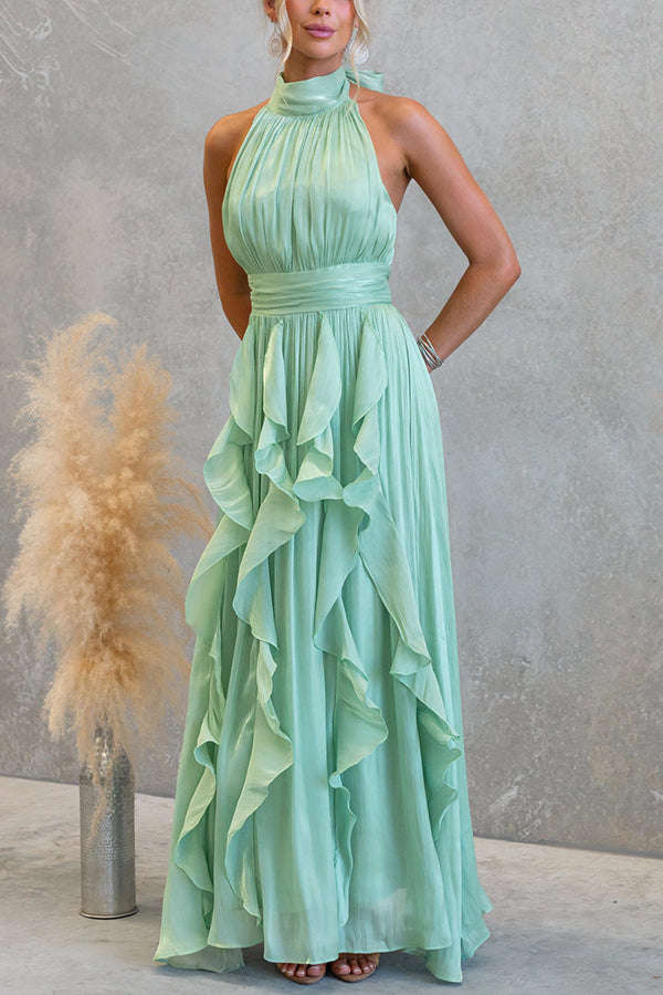 Cardydony Women's Coral Textured Metallic Chiffon Material High Tie Neck Ruffles Maxi Dress