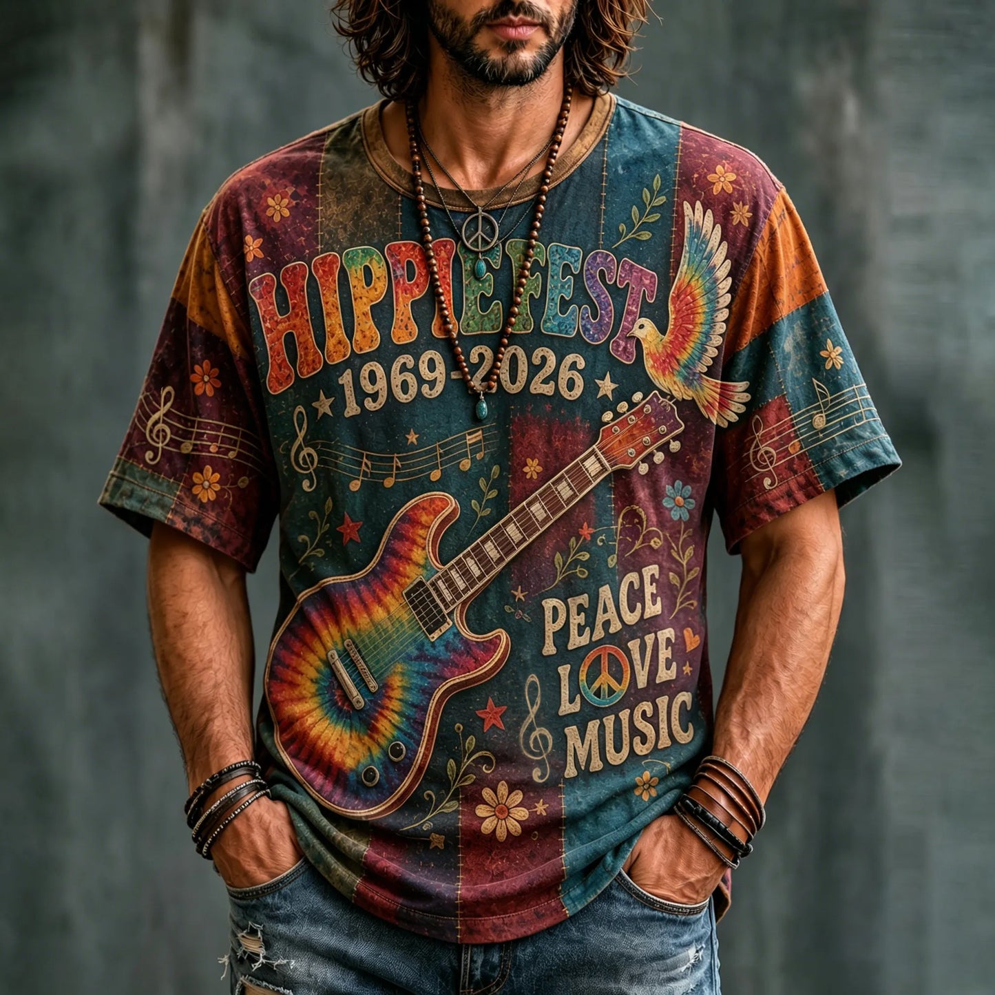 Cardydony Men's Hippie Music Pigeons With Guitar Tie Dye Art Pattern Print T-shirt
