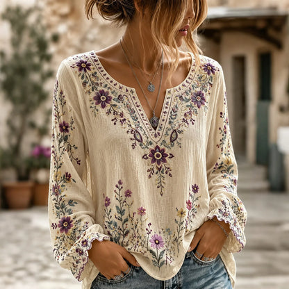 Cardydony Women's Retro Boho Floral Art Cotton Linen V Neck T-shirt