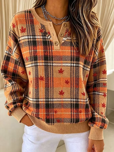 Cardyodny Women's Waffle Pullover Sweatshirt Knit Tops Buttons Floral Graphic Abstract Fashion Casual Print Long Sleeve Crew Neck Regular Tops Casual Street Light Brown Orange Beige Spring Fall