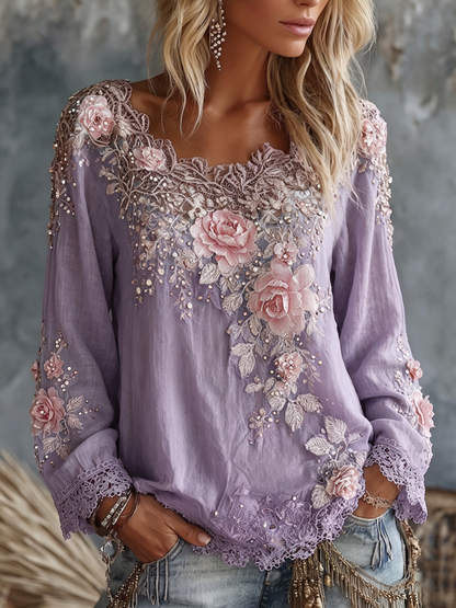 Cardydony Women's Vintage Rose Floral Art Crew Neck Long Sleeve Linen T-shirt