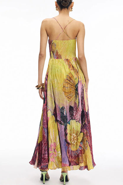 Cardydony Women's Vibrant and Bold Floral Print Sweetheart Neck Pleated Maxi Dress