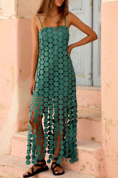 Cardydony Women's Juju Embroidered Cutout Polka Dots Square Neck Tassel Hem Slip Maxi Dress