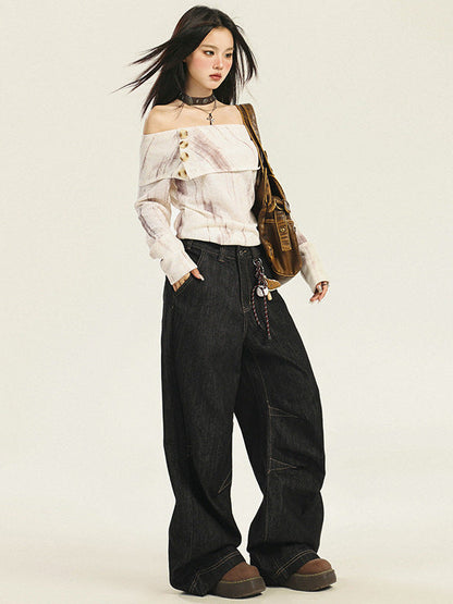Cardydony Women's Timeless High-Waisted Black Wide-Leg Jeans with Unique Stitching
