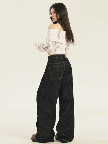 Cardydony Women's Timeless High-Waisted Black Wide-Leg Jeans with Unique Stitching