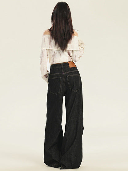 Cardydony Women's Timeless High-Waisted Black Wide-Leg Jeans with Unique Stitching