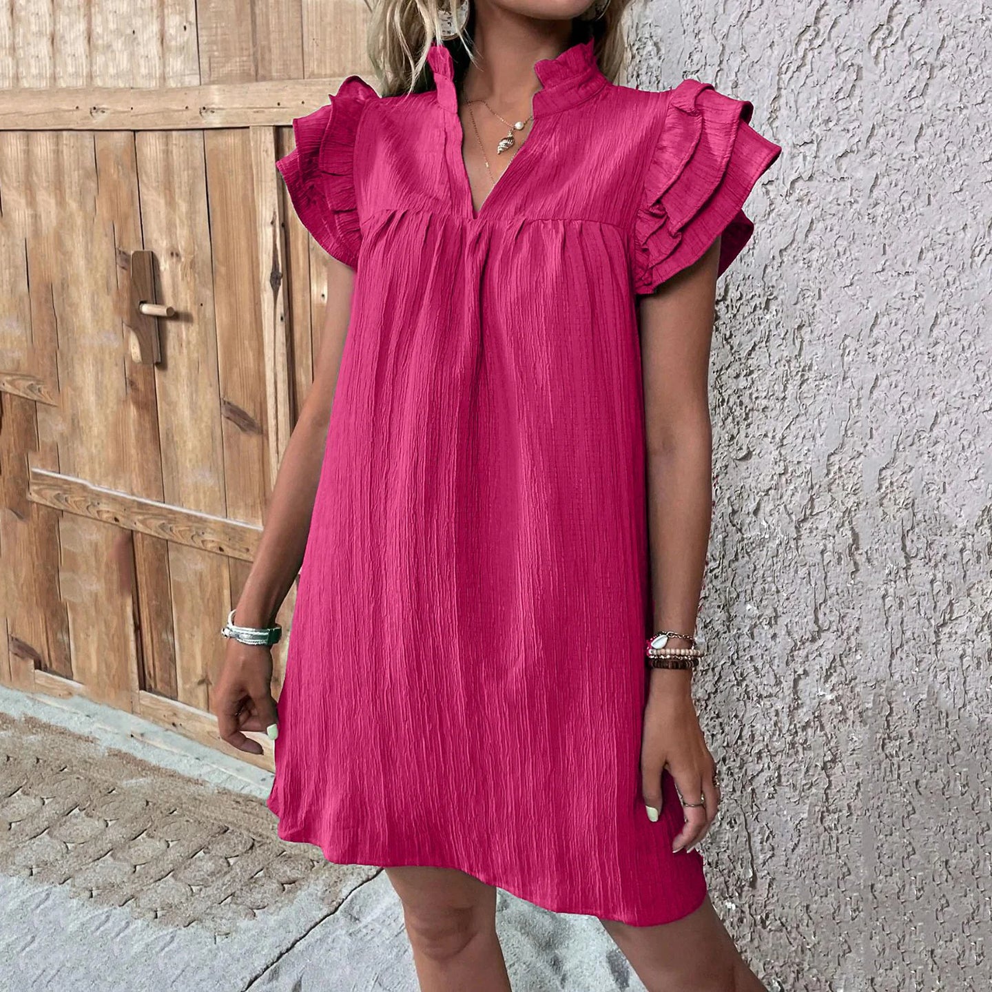 Cardydony Ruffled Notched Cap Sleeve Linen Dress