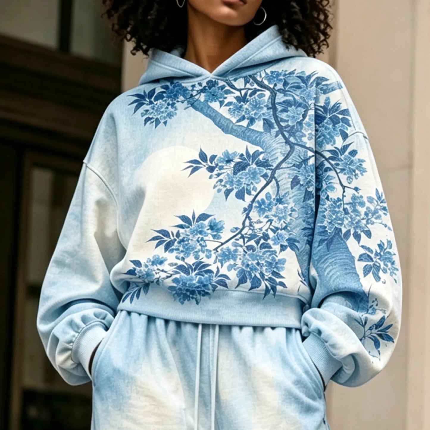 Cardydony Comstylish Women's Vintage Japanese Floral Art Print Hoodie Two Piece Set