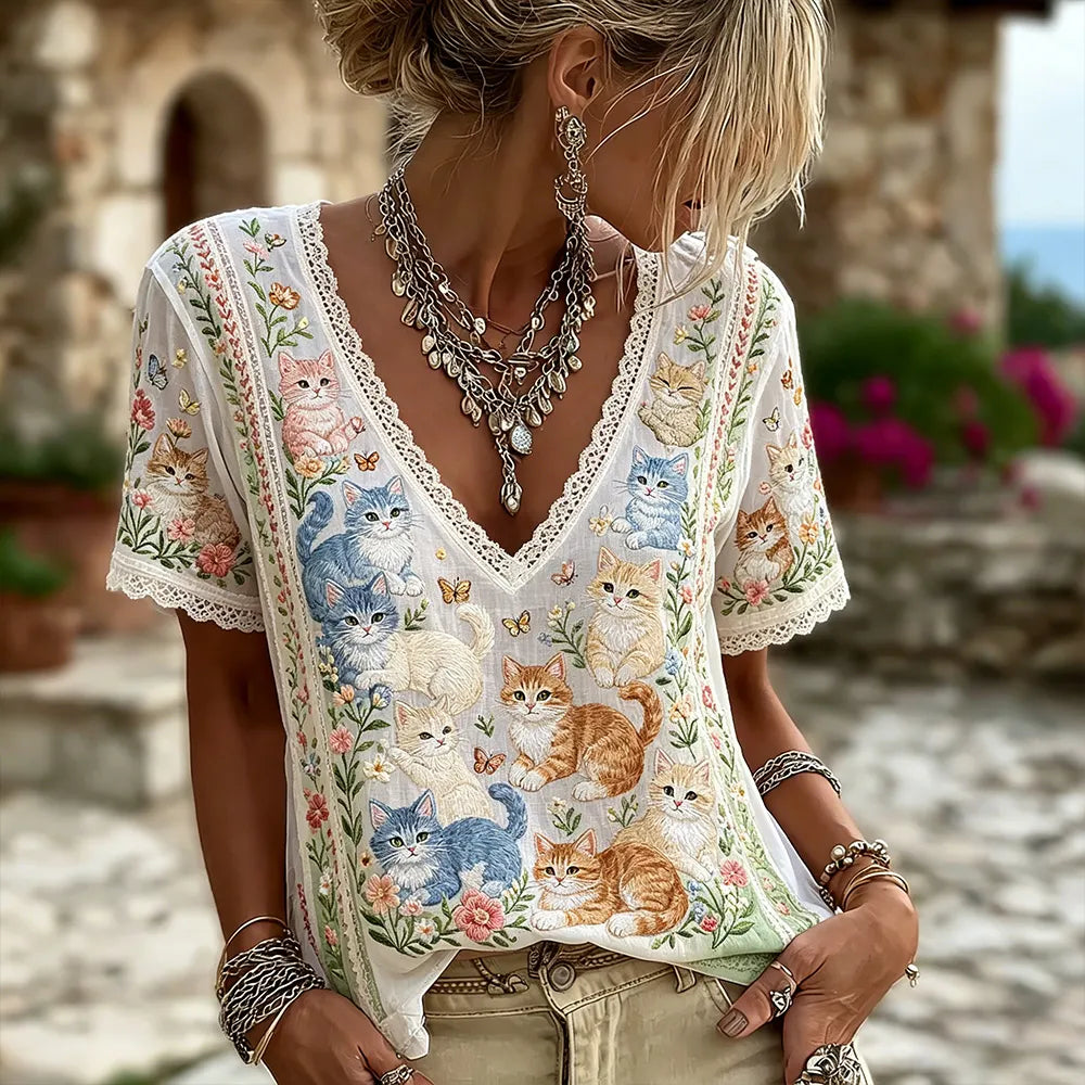 Cardydony Women's Cat And Floral Embroidery Lace Art Casual Linen V-neck Short Sleeve Top