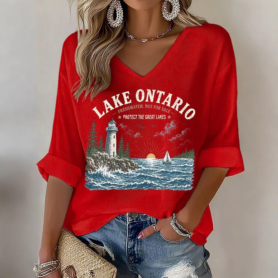 Cardydony Women's Lake Ontario Printed Casual T-shirt
