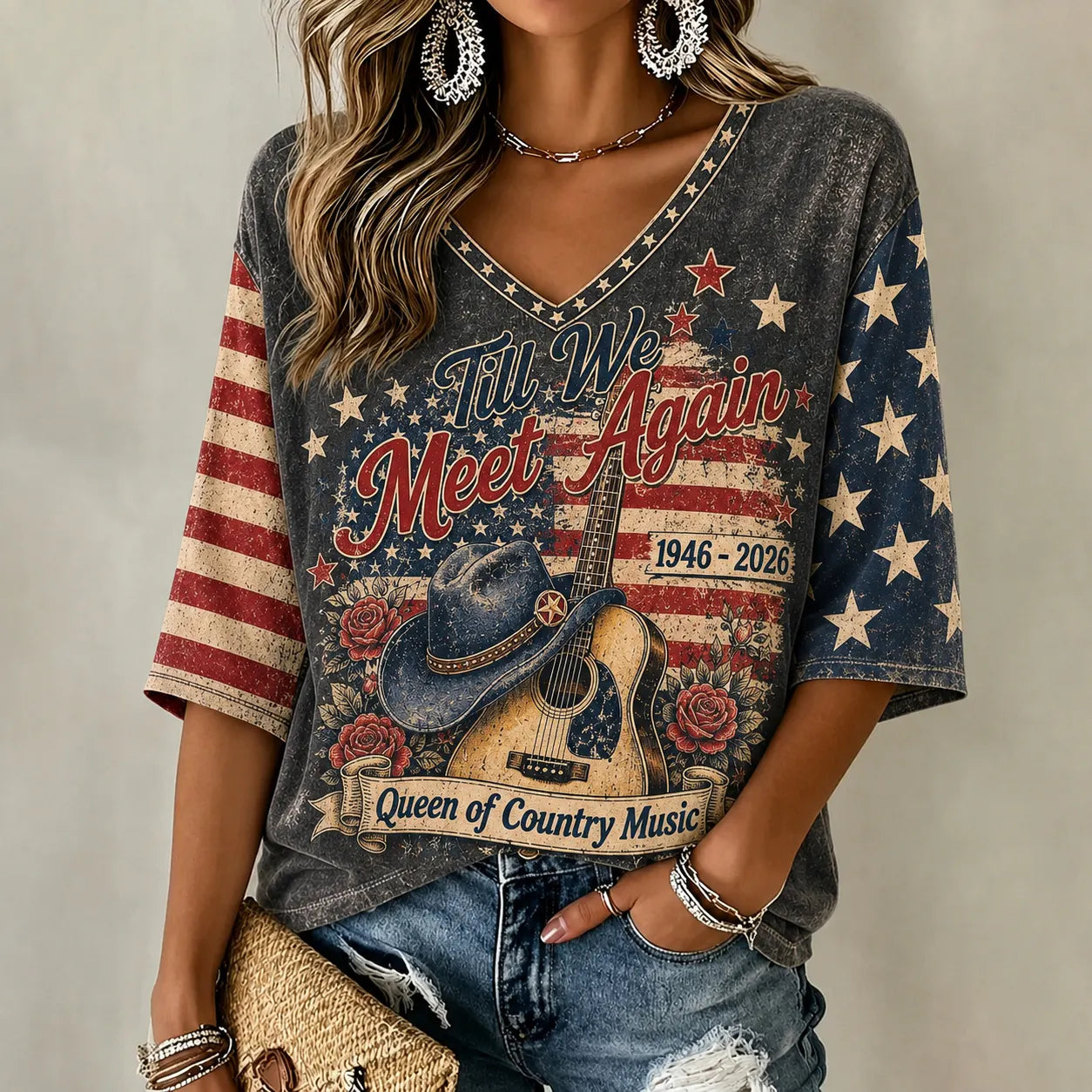 Cardydony Vintage Till We Meet Again Pink American Icon Casual Printed Mid-length Sleeves V-neck T-shirt