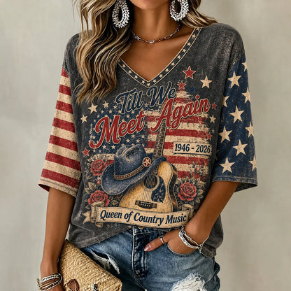 Cardydony Vintage Till We Meet Again Pink American Icon Casual Printed Mid-length Sleeves V-neck T-shirt