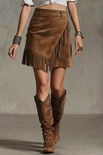 Cardydony Women's Retro Suede Casual Asymmetrical Fringed Hem Mini Skirt