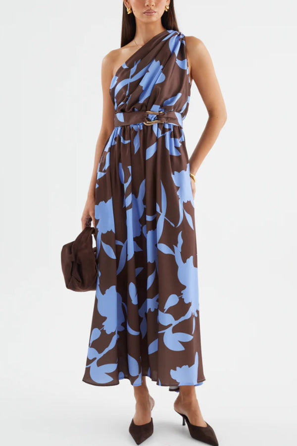 Cardydony Women's Unique Printed One-Shoulder Belt Casual Holiday Maxi Dress