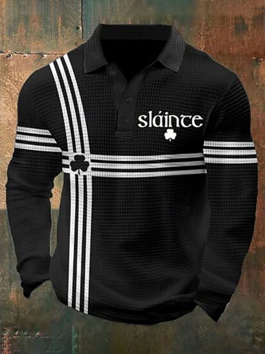 Cardydony Men's St Patrick's Day Shamrock Waffle Long Sleeve Polo Shirt