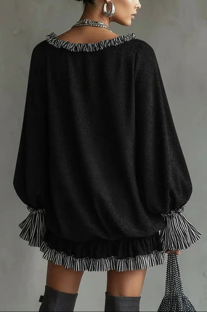 Cardydony Women's Fashionable Patchwork Ruffled Loose Long-sleeved Casual Mini Dress
