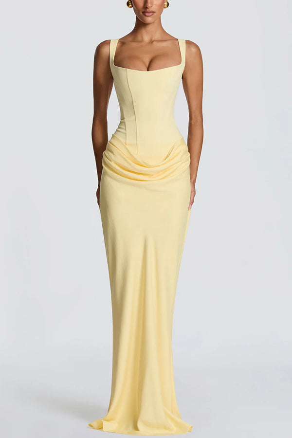 Cardydony Women's Larrah Square Neck Back Lace-up Satin Drape Hem Maxi Dress