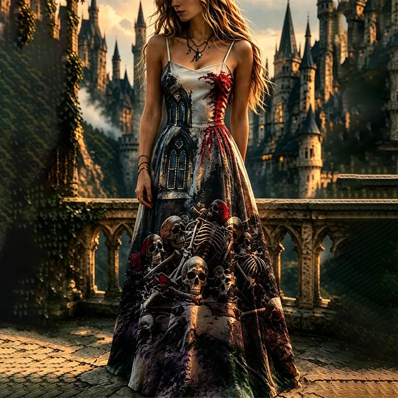 Cardydony Women's Halloween Skull Mountain Castle Strap Dress