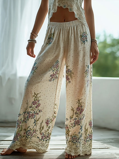 Cardydony Women's Floral Print Embroidered Wide Leg Pants