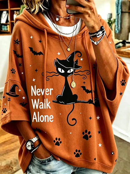 Cardydony Women's Retro Halloween Theme Cat Print Casual Hooded Sweatshirt