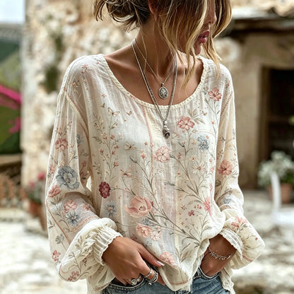 Cardydony Retro Bohemian Style Gray-pink Floral And Butterfly Print Linen Long-sleeved Top