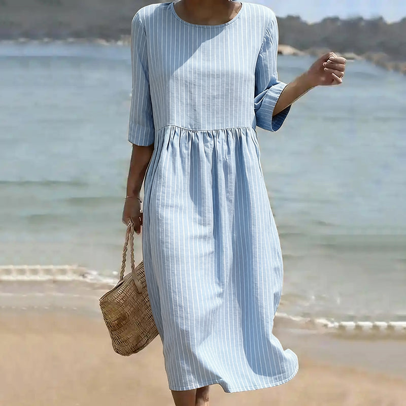 Cardydony Women's Vintage Stripe Pattern Art Linen Blend Loose Linen Dress