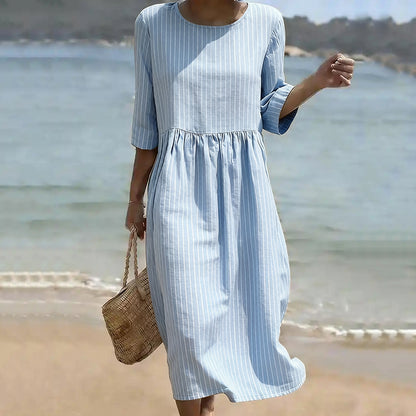Cardydony Women's Vintage Stripe Pattern Art Linen Blend Loose Linen Dress