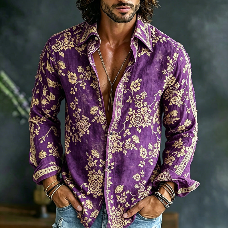 Cardydony Men's Spring Summer Colorful Floral Embroidered Art Print Flowy Linen Blend Shirt