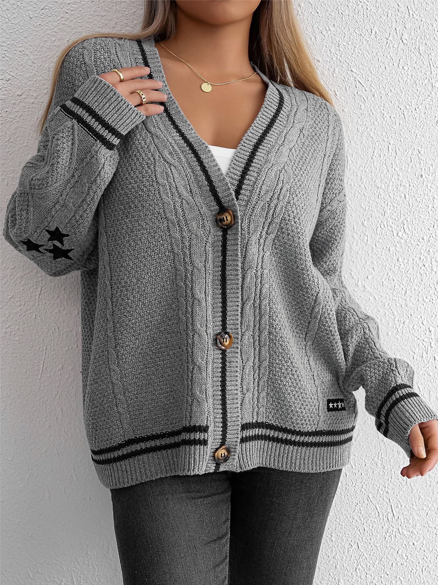 Cardydony Women's Classic Knitted V-Neck Cardigan with Subtle Contrast Details