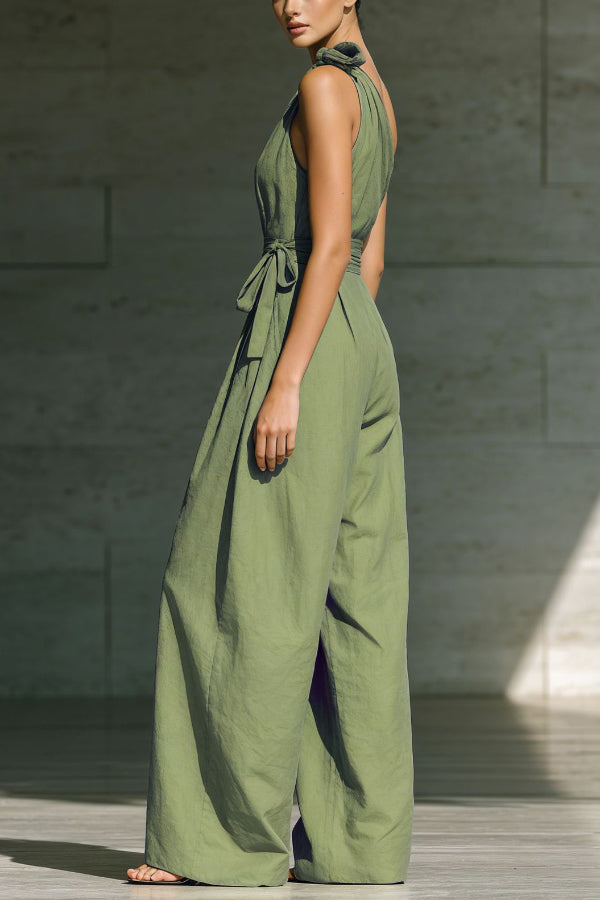 Cardydony Women's Solid Color Sleeveless One-shoulder Fitted Waist Casual Pocket Loose Wide-leg Jumpsuit