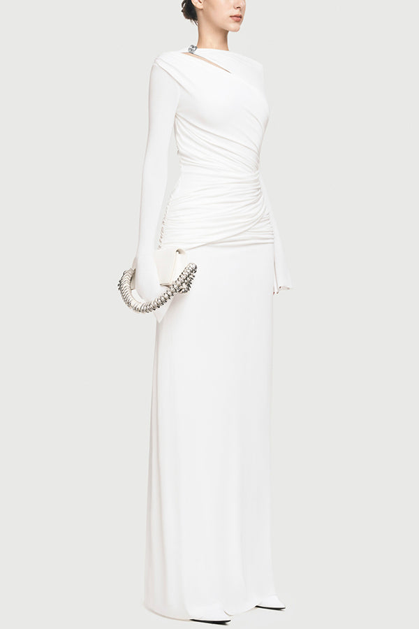 Cardydony Women's Stylish Long-sleeved Slim-fit Pleated Elegant Maxi Dress