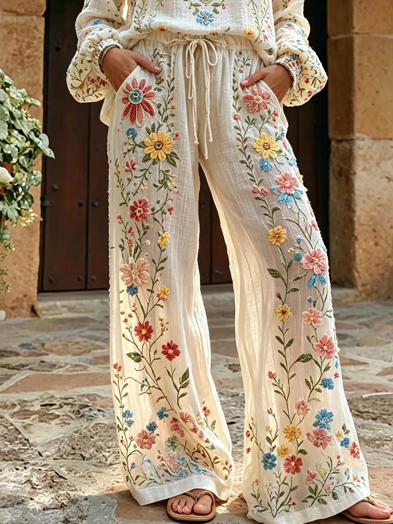 Cardydony Women's Vintage Floral Pattern Art Embroidered Linen Blend Pants