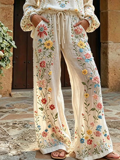Cardydony Women's Vintage Floral Pattern Art Embroidered Linen Blend Pants