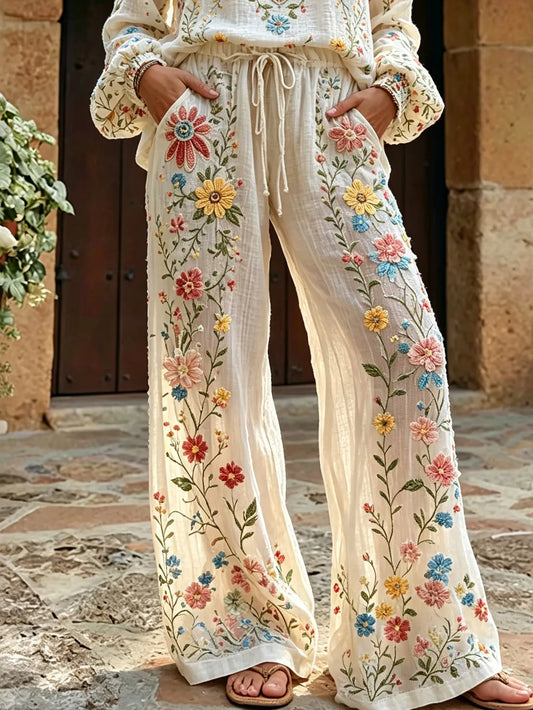 Cardydony Women's Vintage Floral Pattern Art Embroidered Linen Blend Pants