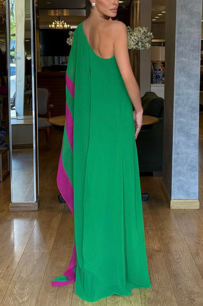 Cardydony Women's Fashionable Vacation Chiffon Color-blocked One Shoulder Loose Maxi Dress