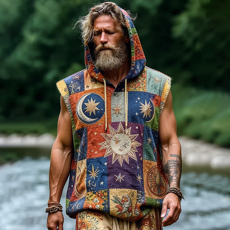 Cardydony Men's Retro Hippie Patchwork Sun Peace Print Cotton Linen Hooded Tank Top