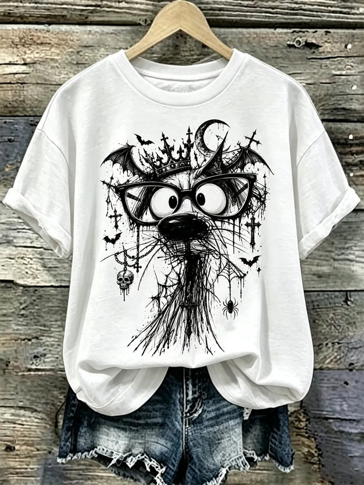 Cardydony Women's Halloween Short-sleeve Top With A Dog Wearing Glasses