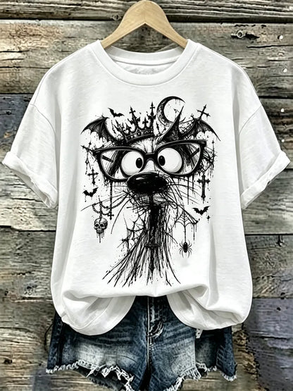 Cardydony Women's Halloween Short-sleeve Top With A Dog Wearing Glasses
