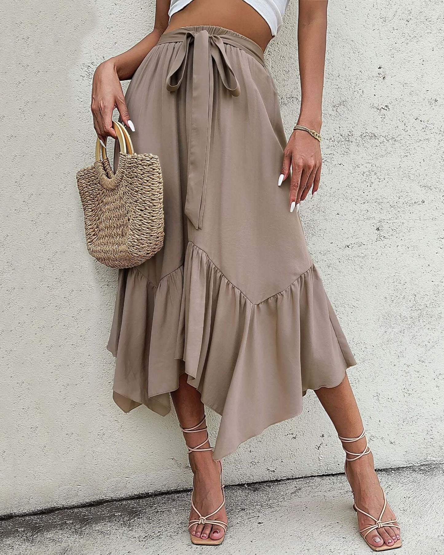 Cardydony Women's Ruffled High Waist Midi Skirt | Asymmetrical Hem Flowy Skirt