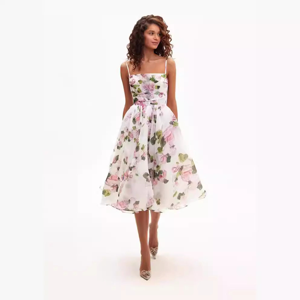 Cardydony Women's Romantic Floral Organza Midi Dress with Delicate Spaghetti Straps