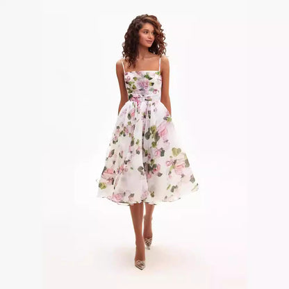 Cardydony Women's Romantic Floral Organza Midi Dress with Delicate Spaghetti Straps