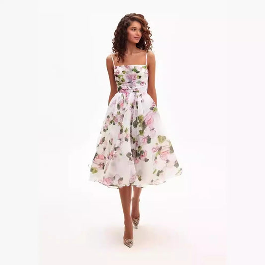 Cardydony Women's Romantic Floral Organza Midi Dress with Delicate Spaghetti Straps