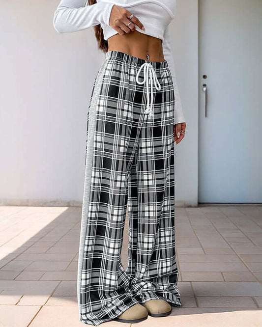Cardydony Women's Plaid Wide-Leg Lounge Pants | Drawstring High-Waist